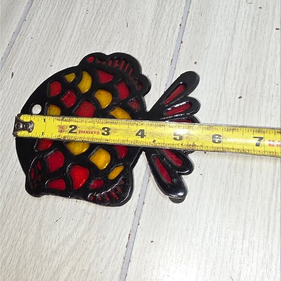Vtg 70s Cast Iron Stained Glass Fish Trivet Stove Kitchen Decor Spoon Rest - Picture 3 of 4